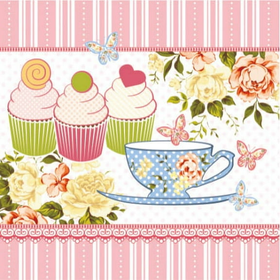 Morning Muffins with Tea Cup and Butterflies - Decorative Decoupage Lunch Paper Napkins 100pcs - Perfect for Decoupage, Party, Birthday, Special Occasions, Weddings
