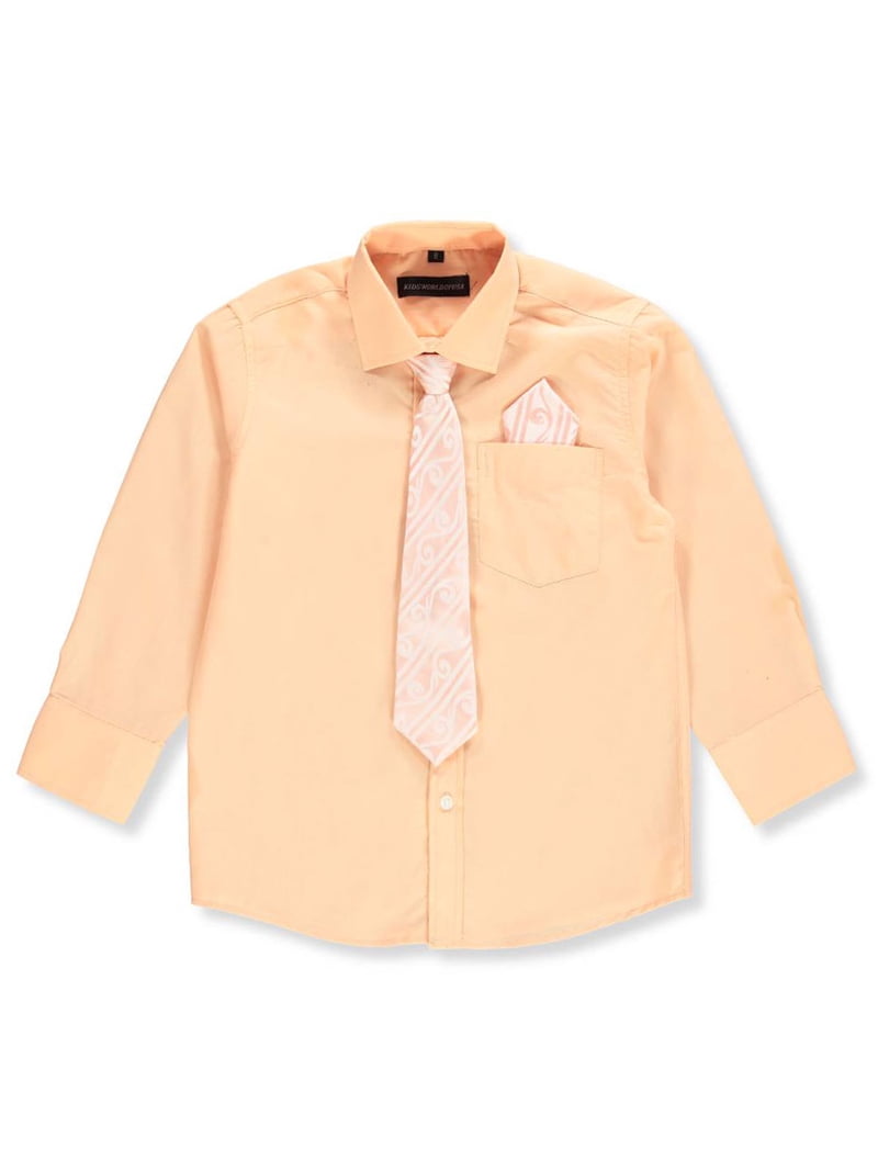 peach dress shirt with tie Gian Mario Boys Peach Dress Shirt Clip-on Brown Striped Tie Hanky Set Size 6