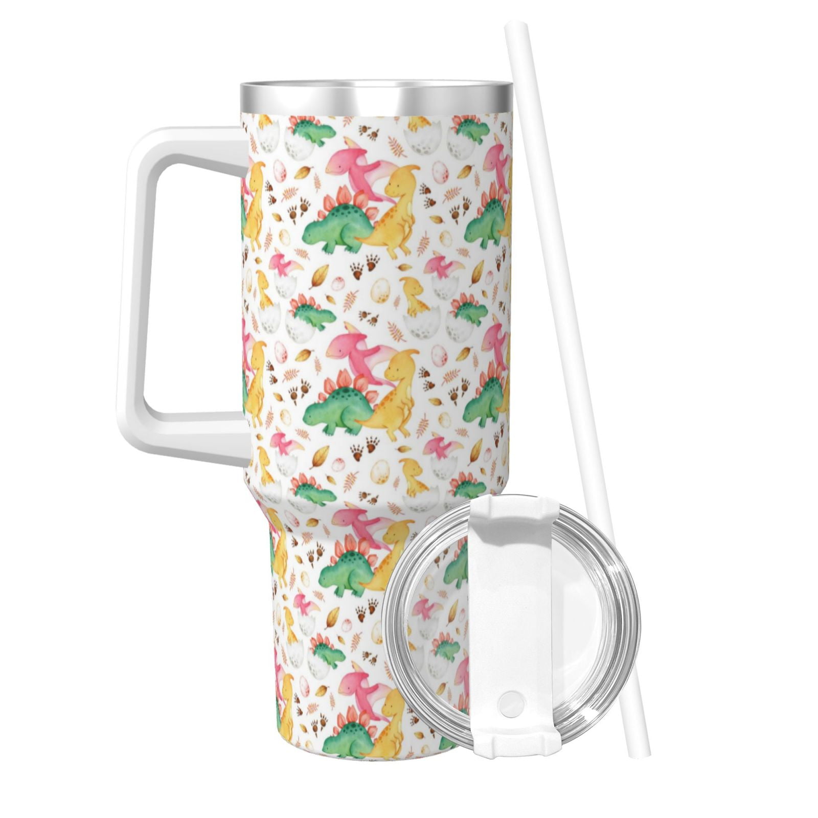 Picia Cute Baby Dinosaurs Pattern 40oz Ice Bully Insulated Tumbler with Handle, Double-Wall Stainless Steel Cup, Leak-Proof Lid and Straw