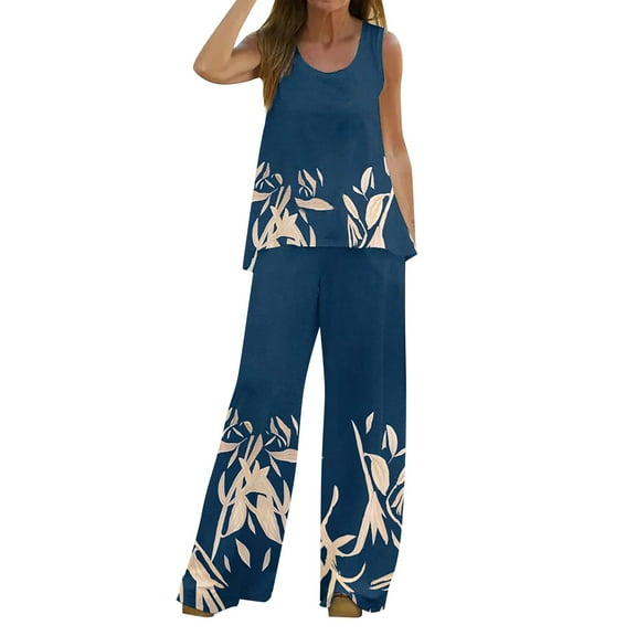 MNCEKFOD Summer Pants Sets Women 2 Piece Outfits Boho Casual Letter Printed Vest Sleeveless Top Loose Wide Leg Relaxed Fit Pants Suit Blue L