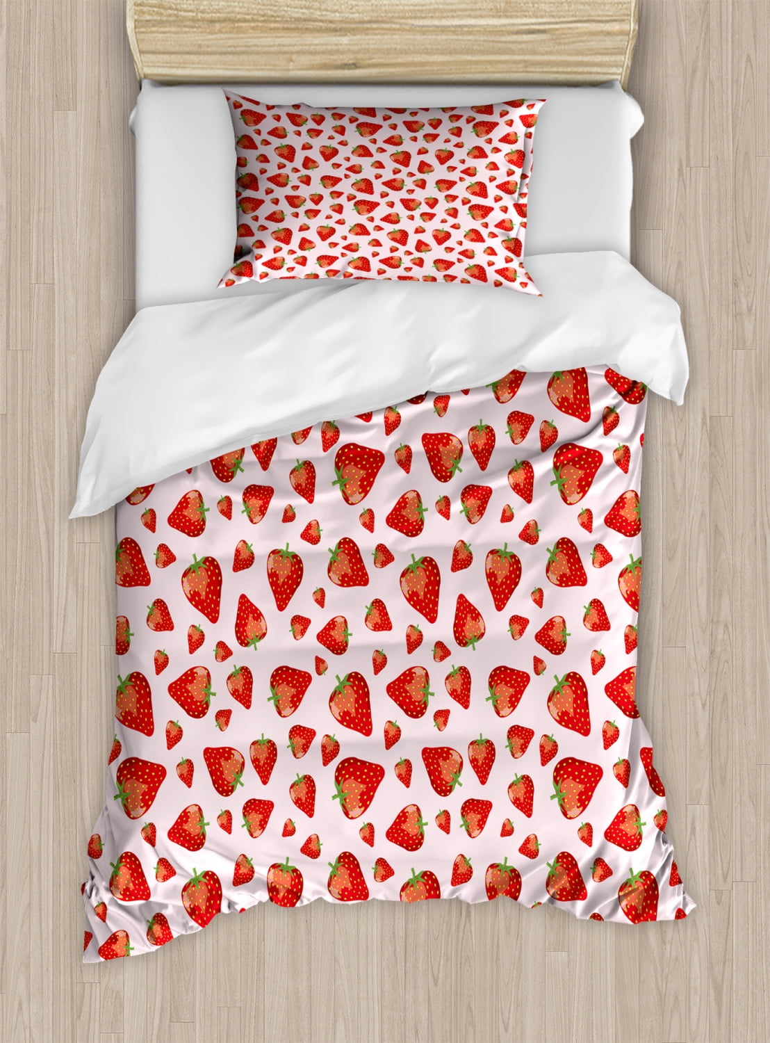 Strawberry Twin Size Duvet Cover Set, Juicy Ripe Strawberries Pattern