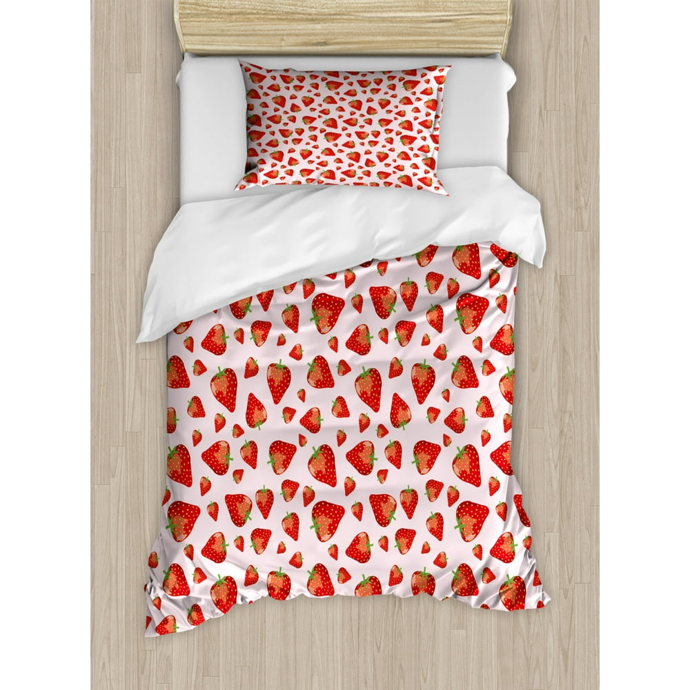 Strawberry Twin Size Duvet Cover Set, Juicy Ripe Strawberries Pattern