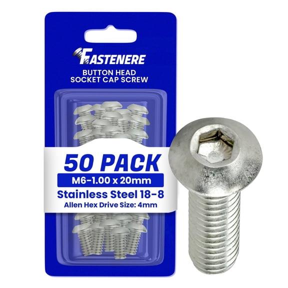 Fastenere Button Head Socket Cap Screws - M6-1.00 x 20MM (50-pack) Stainless Steel 18-8, Full Thread, Plain Finish, Flat Point, ISO 7380 Metric Screw Set, Easy to Install w/ Allen Hex Socket Drive