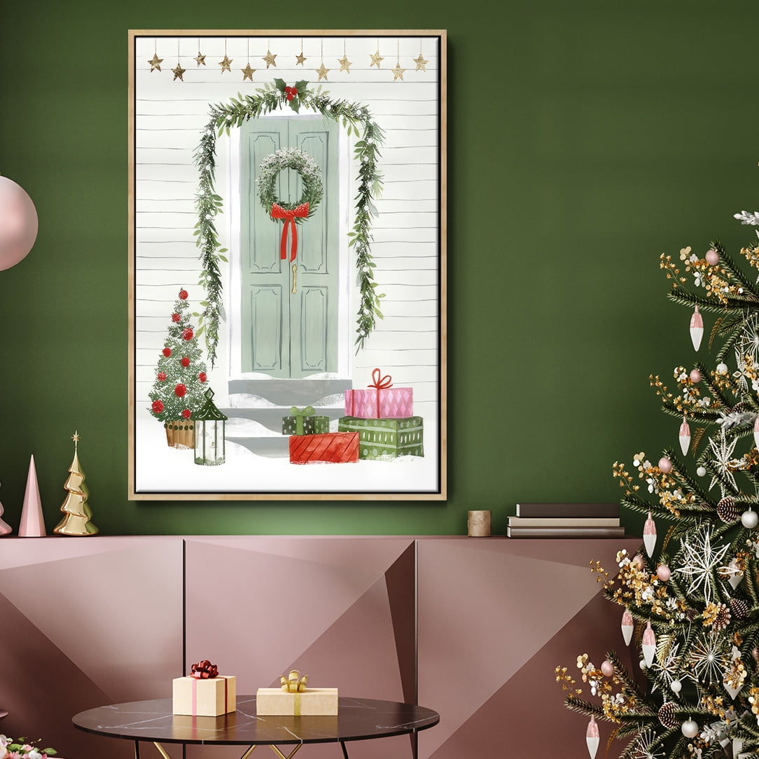Festive Front Door I - Framed Gallery Wrapped Holiday Canvas - 25 x 37 - Natural Wood Frame