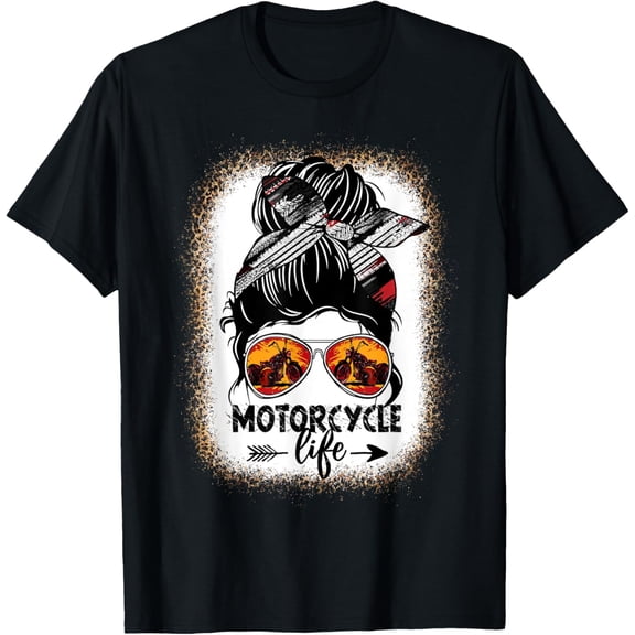 t-shirt Leopard Messy Bun Hair Woman Motorcycle Life Biker Girl T-Shirt.