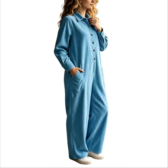 Tqcoqu Women's Button Front One Piece Jumpsuit, Collared Long Sleeve Loose Wide Leg One Piece Jumpsuit with Patch Pockets