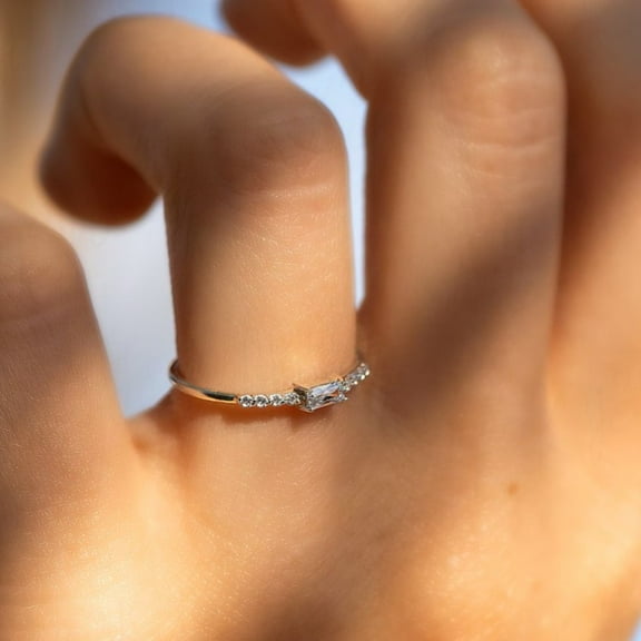 vylahjewellery Baguette Cut Moissanite Diamond Ring White Gold Plated Delicate Stacking Band Women's Engagement Rings Classic Engagement Ring and Band