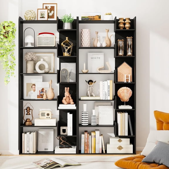6 Tier Bookshelf, 64" Tall Bookcase with Staggered Shelves, 11 Open Cubicle Shelf, Wooden Decorative Storage Shelving Unit for Living Room Bedroom Office (2, Black)