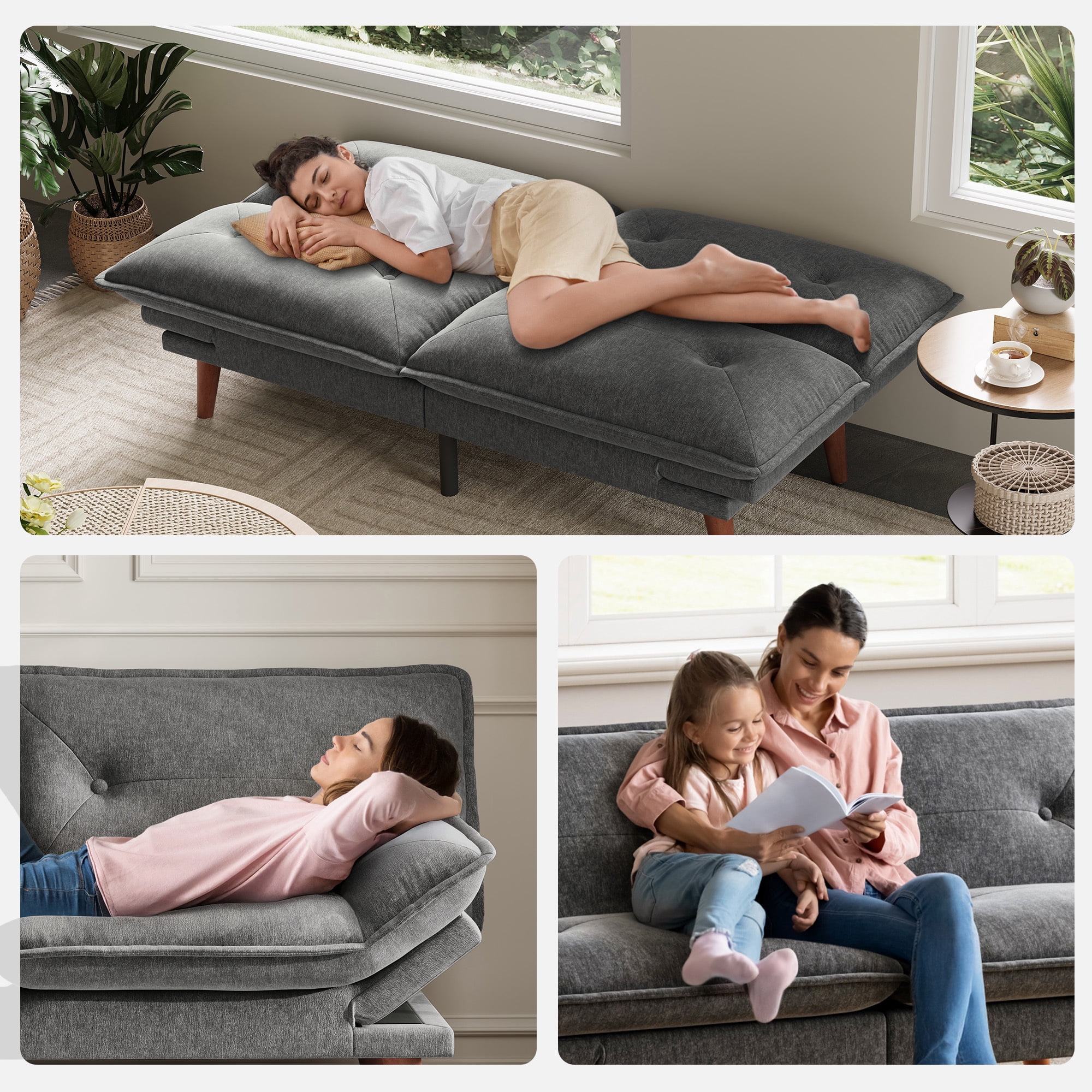 LINSY HOME  Futon Sofa Bed with Adjustable Armrests, Loveseat for Small Living Place and Apartment, Grey