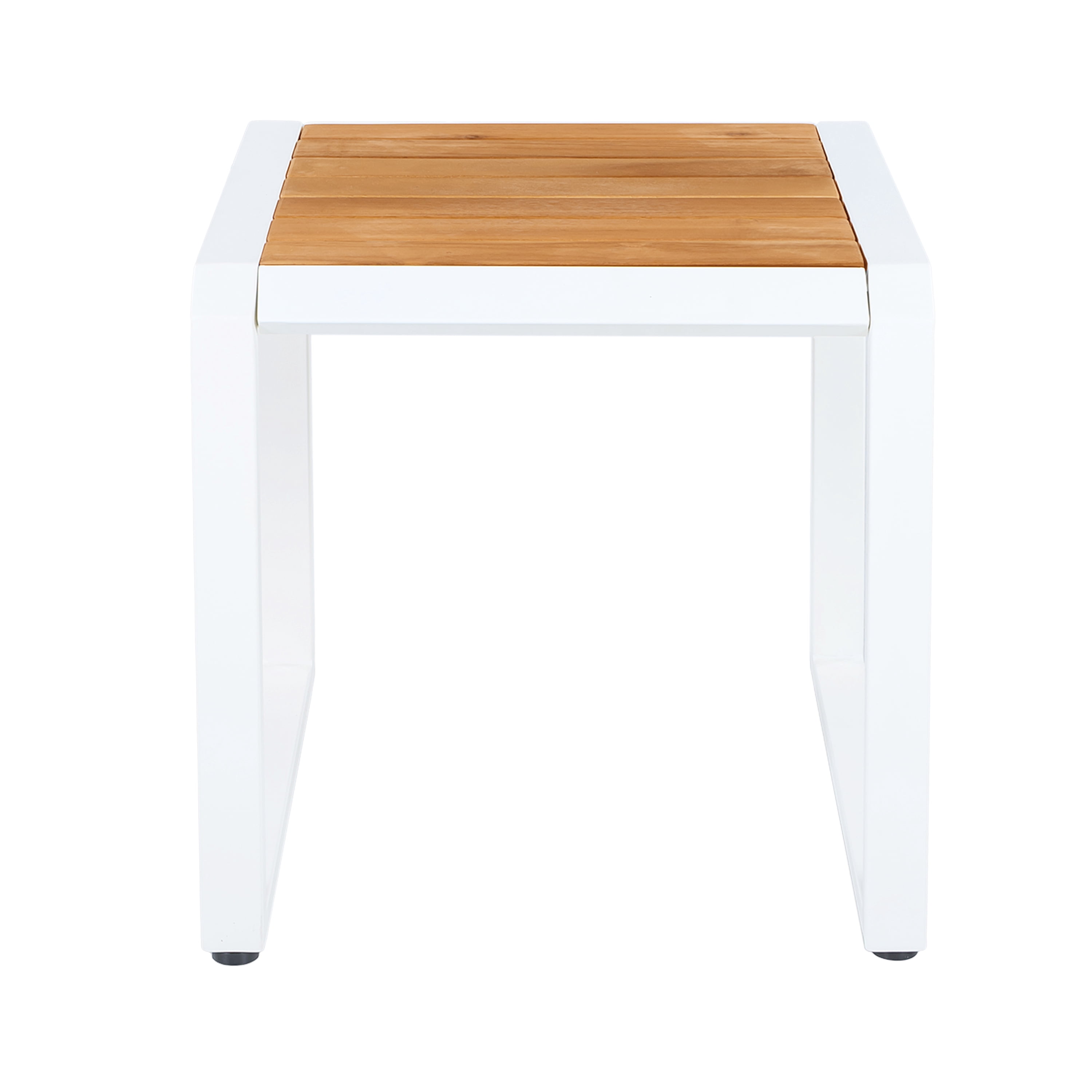 Outdoor Side Table 18.11 Inch, Patio Accent Table with Teak Wood Top and White Metal Frame, Small End Table for Porch and Poolside, Teak and White