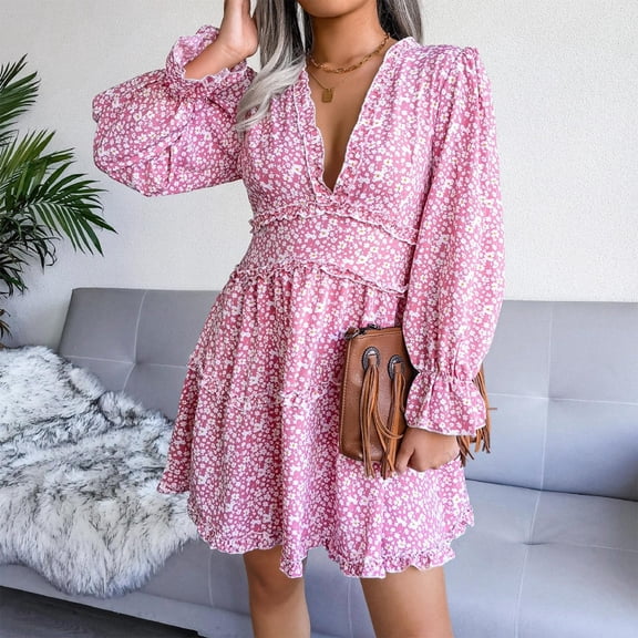 Fesfesfes Spring Dresses for Women V Neck Long Sleeve Party Dress Casual Floral Print Pleated Dress Knee Length Swing Sun Dress