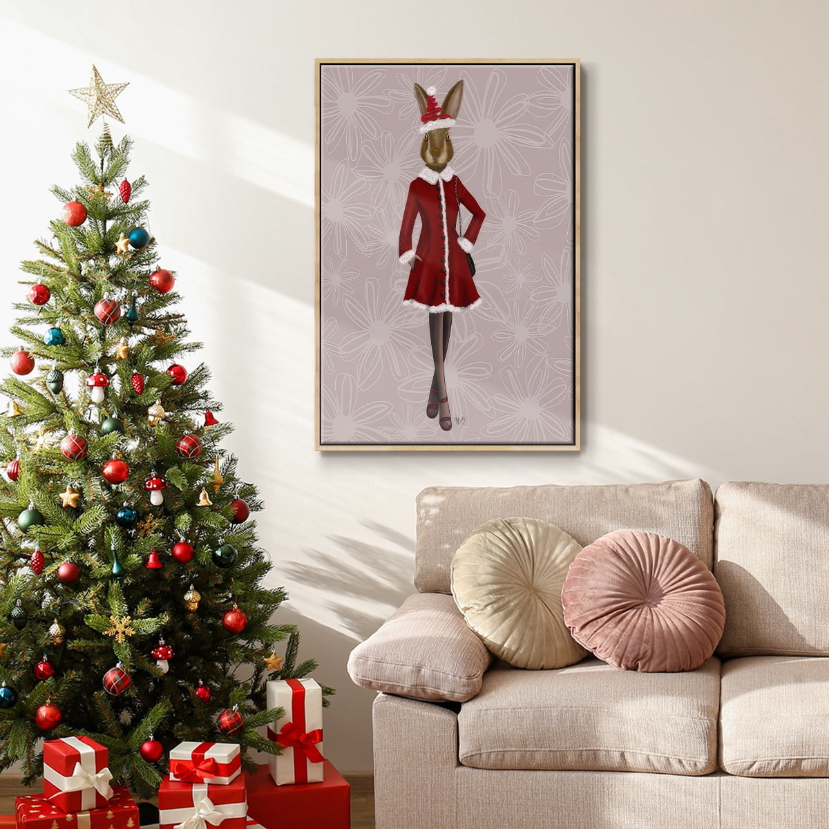 Christmas Christmas Fashion Bunny - Framed Gallery Wrapped Holiday Canvas - 17 x 25 - Natural Wood Frame