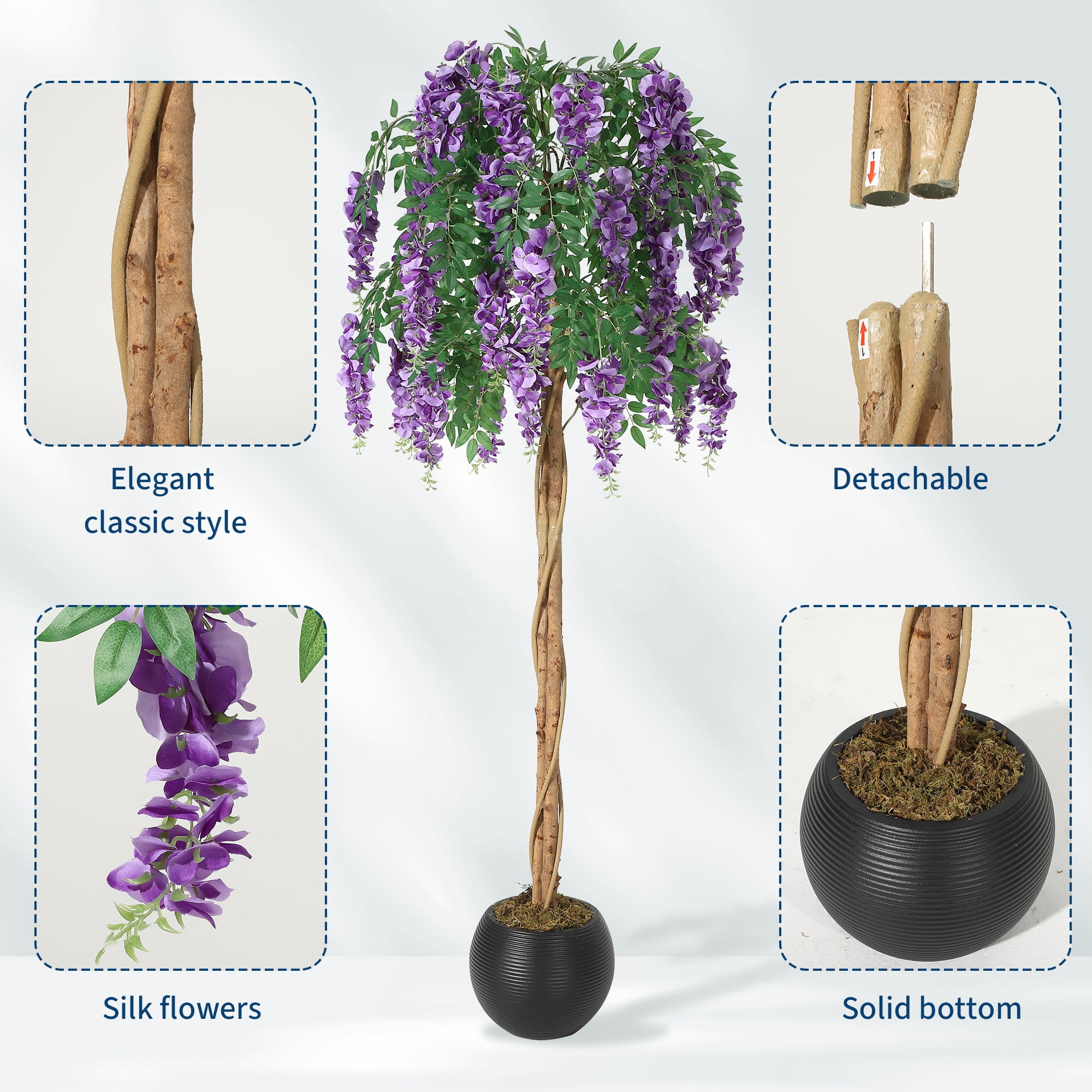 PYY Lifelike Silk Purple Bean Flower Tree – Realistic Double Vine Stems, Hanging Moss, Decorative Faux Plant in Cement Pot for Home, Office, Wedding, or Photo Backdrop, Indoor Decor, 6FT