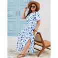 thumbnail image 2 of SHOWMALL Women's Plus Size Short Sleeve Maxi Dress, Blue Chinoiserie Floral 3X Side Slit Rounded Hem Long T-Shirt Dress with Pockets for Vacation & Casual Wear, 2 of 7