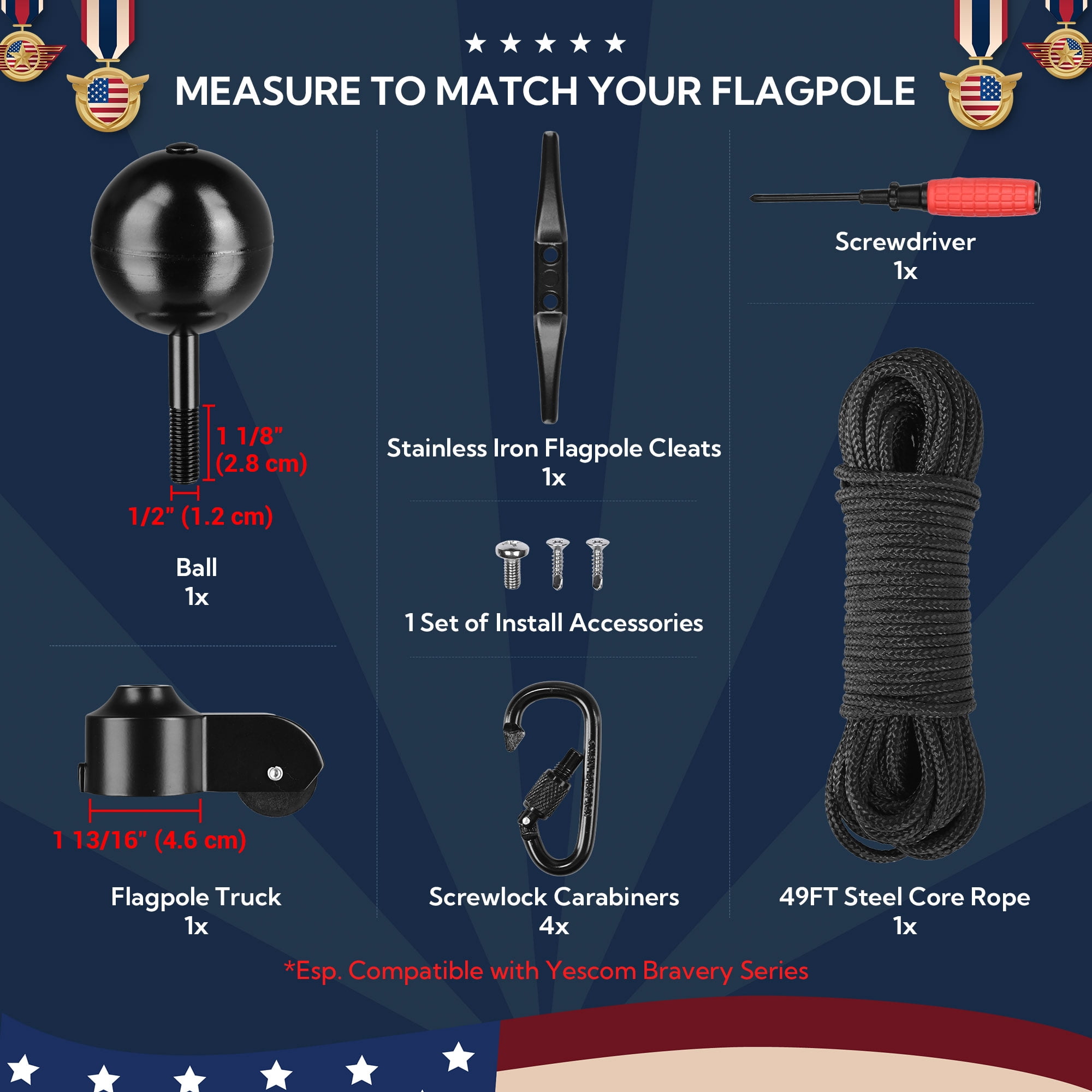 Yescom ALL Aluminum Flag Pole Hardware Repair Kit 50FT Wire Core Halyard Rope Black Ball Topper for 20/25/30 FT Sectional Pole with 1 13/16" Dia.