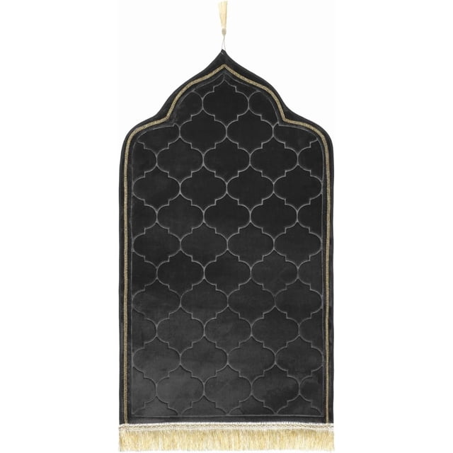 Muslim Prayer Rug Gold Rimmed Soft Thick Flannel Prayer Carpet Mat 25.5x45 Inch One of Three Random Patterns, Black