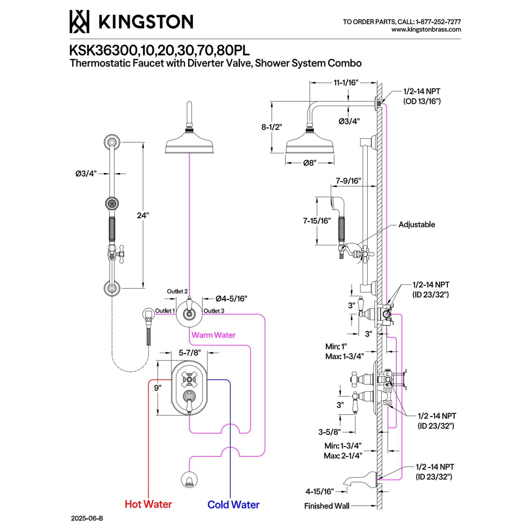 Kingston KSK36300PL Restoration Thermostatic Tub and Shower System, Matte Black