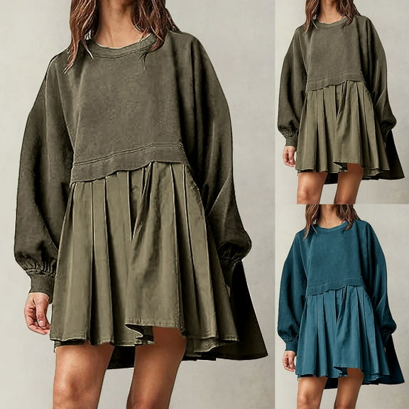 HAPIMO Women's Mini Babydolls Dress Sweatshirts Solid Color Trendy Girls Spring Long Sleeve Dressy Tunic Crew Neck Casual Splicing Ruffle Hem Pleated Army Green L