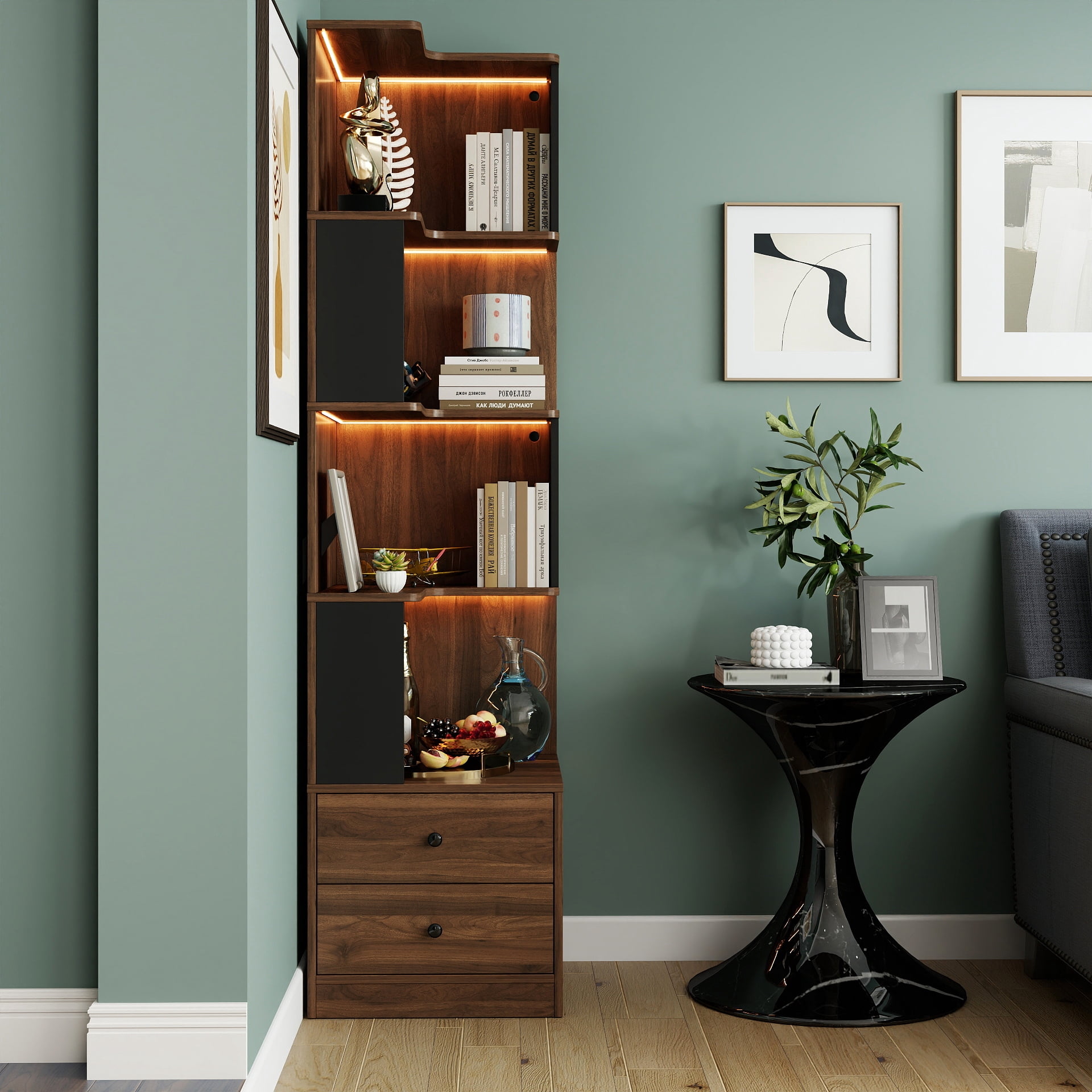 Corner Bookshelf with Drawers, 4-Tier Corner Bookshelf Bookcase with Baffle, Freestanding L Shaped Display Shelf Stand with Led Lights for Home Office, Living Room, Bedroom, Kitchen