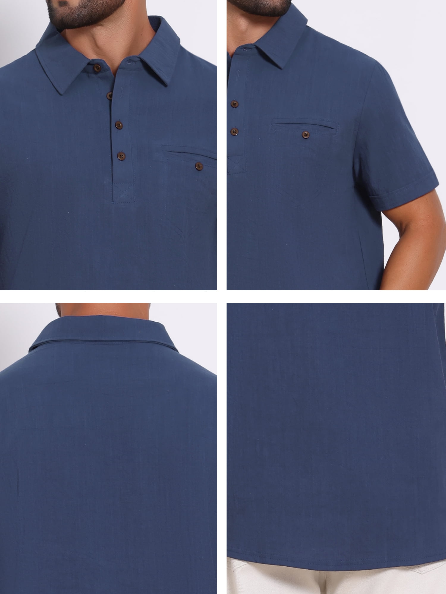 DARING DIVA Men's Linen Chest Pocket Short Sleeve Casual Hawaiian Shirts S Dark Blue
