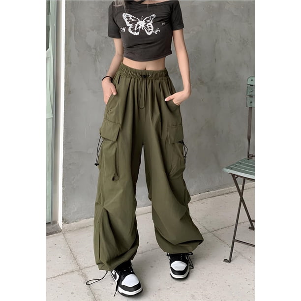 Pantalones anchos de cintura alta para mujer Y2K con 4 bolsillos