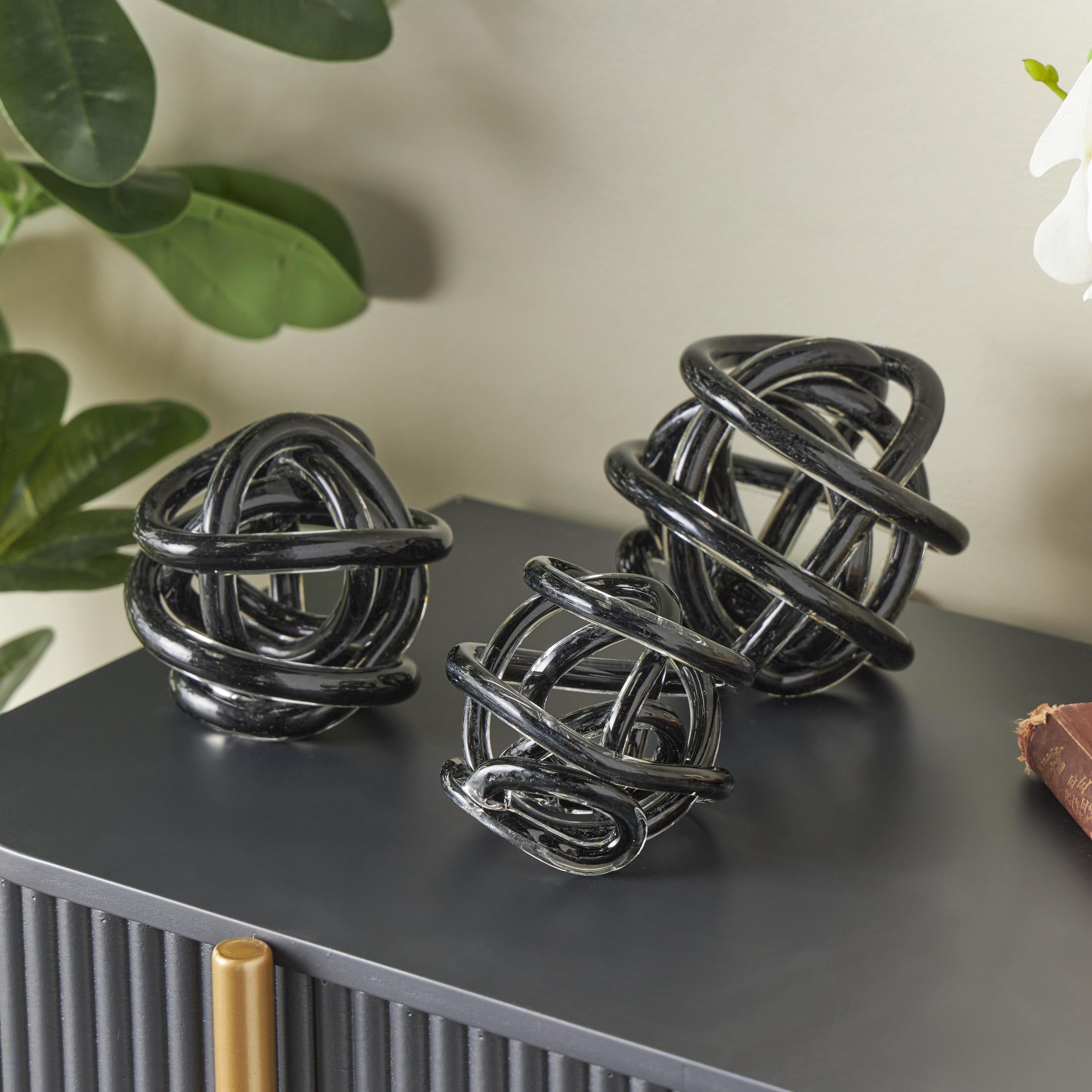 5", 4", 4"W Black Glass Handmade Knotted Ball Knot Sculpture, by DecMode (3 Count)