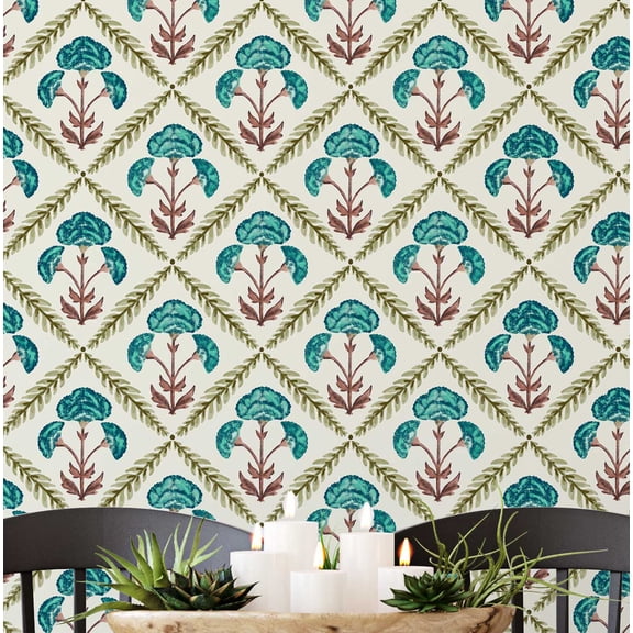 S4Sassy Floral Diamond Pattern Wallpaper- Asian Style Wall Covering, 25" x 120" Self-Adhesive Vinyl Wallpaper, Decorative Walls Wrap, Easy DIY Wall Covering For Bedroom, Living Spaces- Green