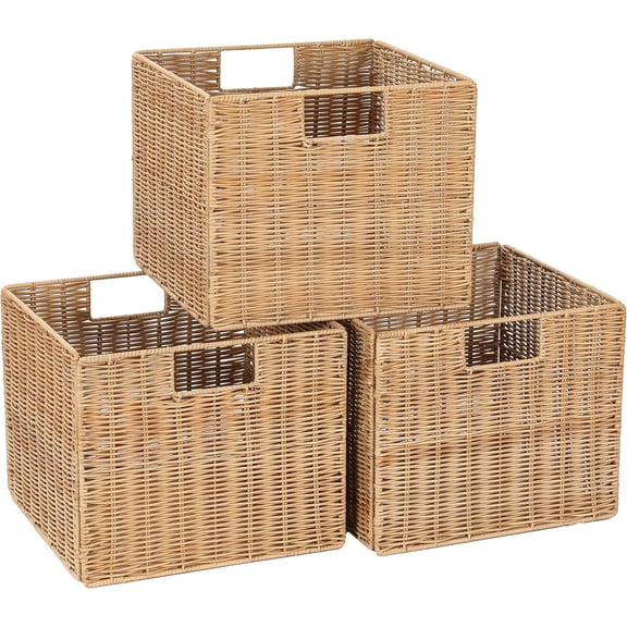 12X12X10in Plastic Wicker Storage Basket, Collapsible Wicker Cube Storage for Shelves, Woven Plastic Storage Basket for Pantry, Bedroom, Living Room, Bathroom, Shelves-3 Pack