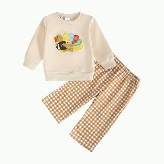 Toddler Boy Outfits Baby Fall/Winter Plaid Long Sleeve Elastic Waist 2T-5T Thanksgiving Set 2Pcs
