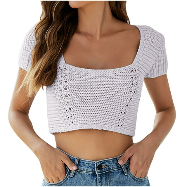 Timegard Crop Tops for Women Short Sleeve Square Neck Back Drawstring Tie Slim Casual Going out Tops