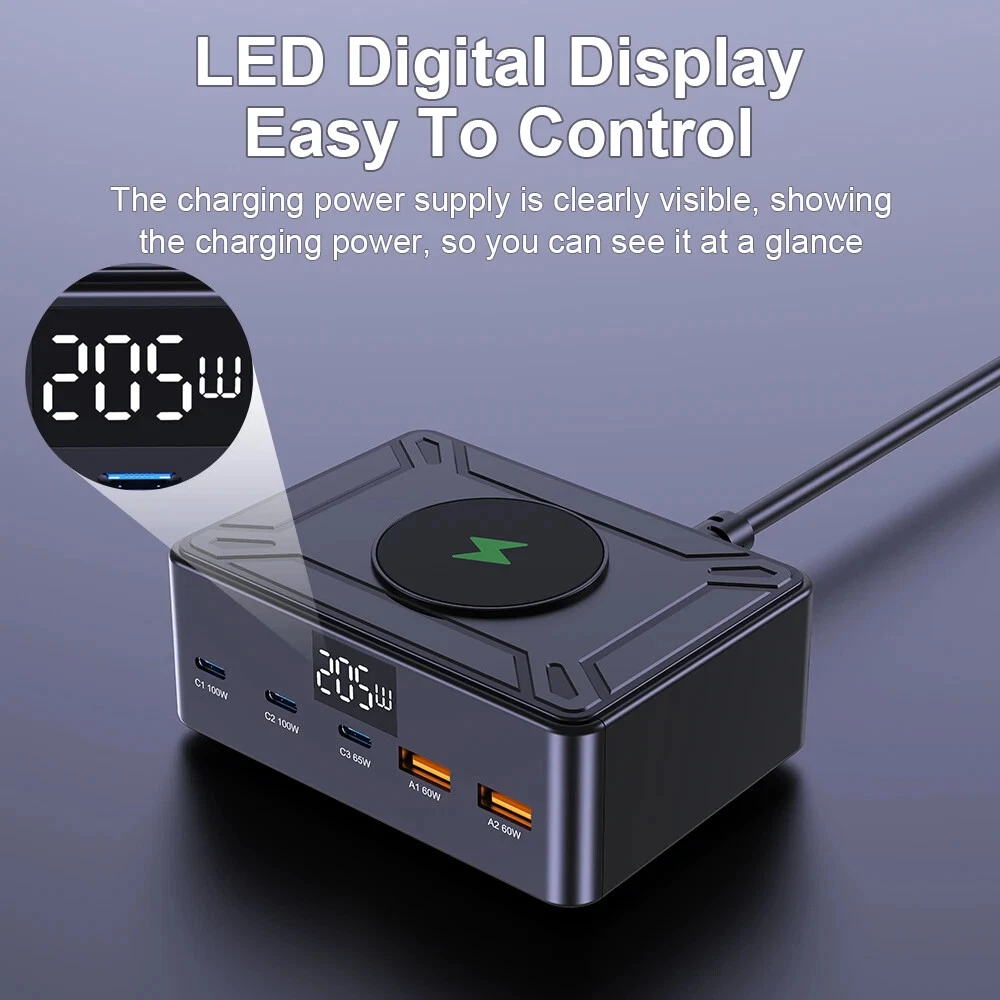205W Desktop Charging Station: 5 Fast Charging USB Ports + 15W Wireless Pad, Smart LED Display, All-in-One Power Hub Compatible with iPhone, Android, Smartwatch, and More – Organize Your Desk, Black