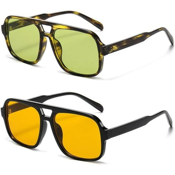 2PCS Vintage Square 70s Flat Aviator Sunglasses Women Men Classic Retro Stylish Frame UV400 Sunglasses