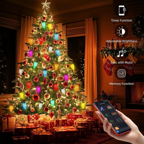 66-foot C9 Outdoor Christmas Light String Set, 75 LED Retro Multi-Color Lights, App Controllable, 8 Modes, Timer, Waterproof and Connectable, Suitable for Roofs, Trees, Patios, Harbors, Gardens, Part