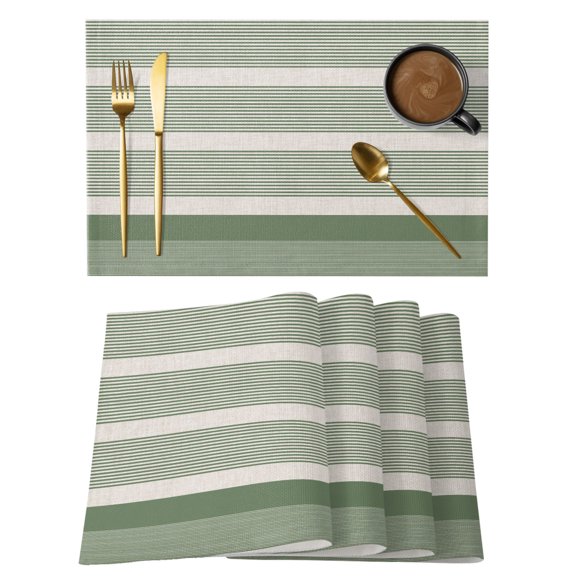 Vintage Green Striped Placemats Set of 6 Modern Simple Abstract Bohemian Heat Insulation Washable Place Mats, Non-Slip Table Mats for Dining Table Party Kitchen Decor, 13x19 Inch