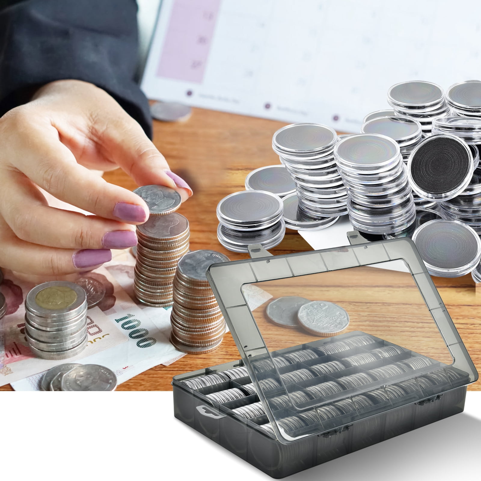 Fullcase 168 Pieces 46mm Coin Capsules with Foam Gasket, 6 Sizes (20/25/27/30/38/46mm) Coins Holder (Grey)