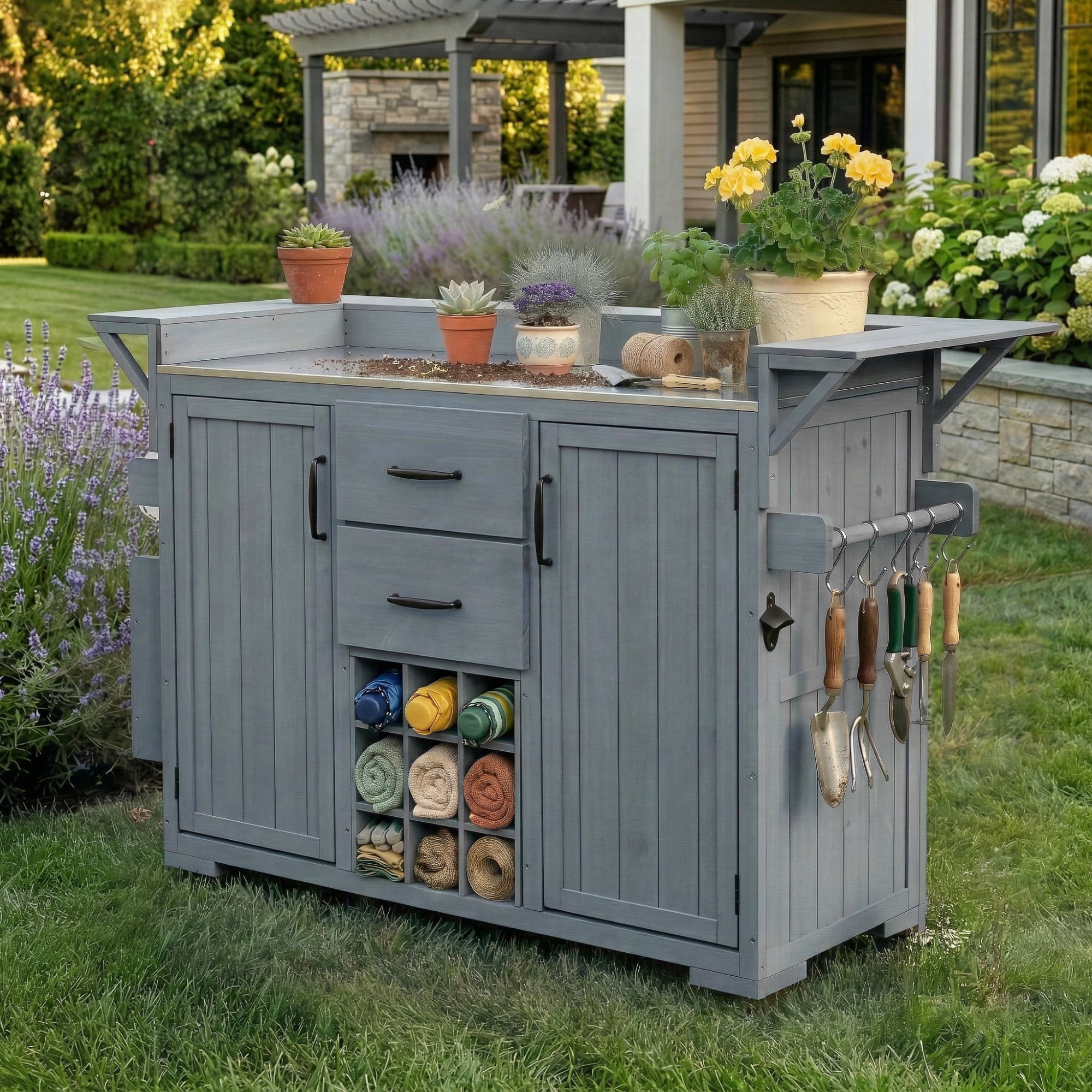 Mintazer Modern 60.2" Outdoor Kitchen Island with Wheels, Rolling Kitchen Island with Stainless Steel Top & Wine Rack, Patio BBQ Kitchen Cart with Spice Rack & 2 Drawers, Gray
