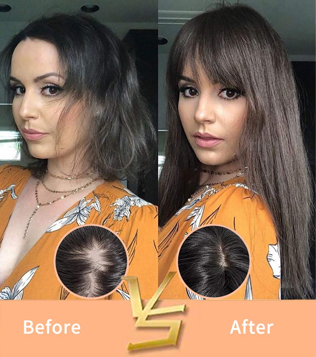 14" Hair Topper with Bangs Clip in Top Extensions 200% Density Silk Base Top Hairpieces Straight Crown Wiglet for Thinning  Hair Women