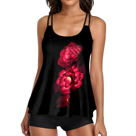 Women s Tankini Swimsuits Two Piece Flowy With Boyshorts U Neck Swim Tank Tops 2 Piece Full Coverage Tankinis Swimwear For Women Swim Suits Wine XXXL