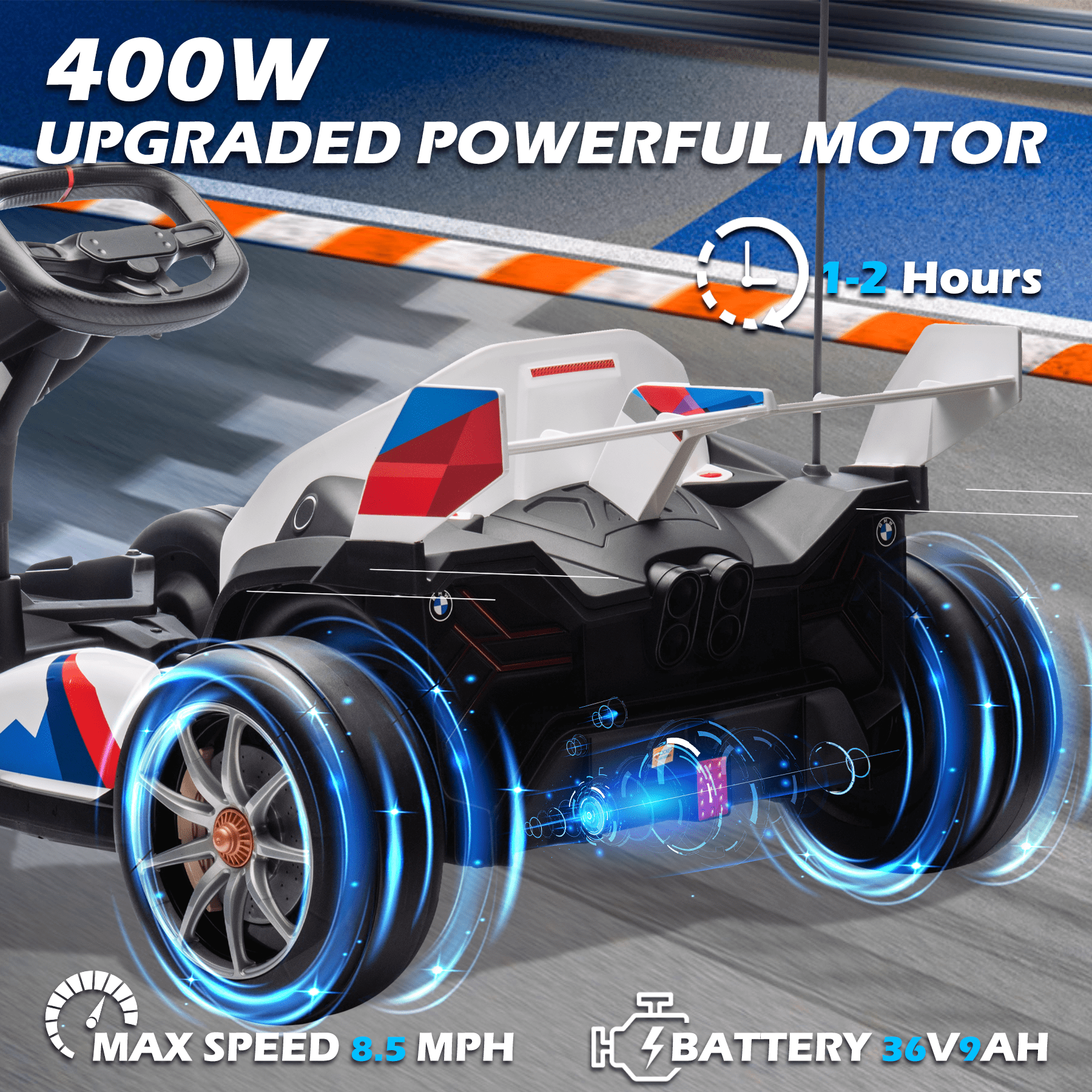 NEECHIPRO 36V Licensed BMW Electric Go Kart , 400W Powerful Motor Racing with Drift Race Pedal,for Kids Age 6+, 8mph,White