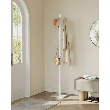Solid Wood Coat Rack, Free Standing Hall Coat Tree with 8 Hooks, 3 Height Options, for Coats, Hats, Bags, Purses, for Entryway, Hallway, Rubberwood Hooks and Pole