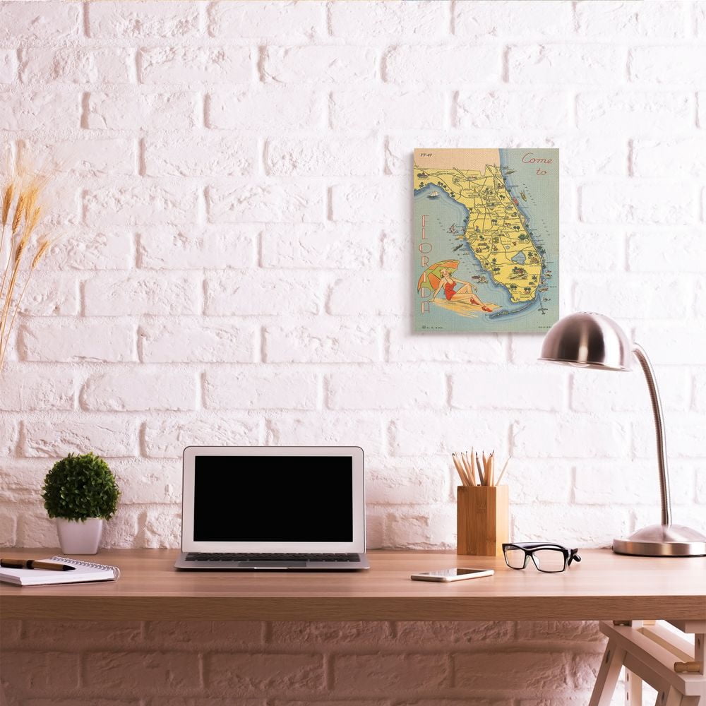 Stupell Industries Antique Florida Map Retro Beach Girl Postcard Print Canvas Wall Art Design by Wild Apple Portfolio, 16" x 20"
