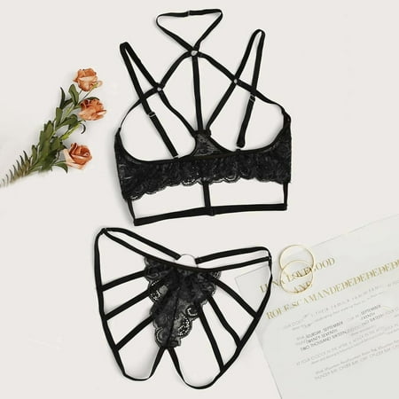 

Roliyen Sleepwear For Womens Pajamas For Women Plus Size Lace Lingerie Bra+Thong Underwear Set Black Sleepwear