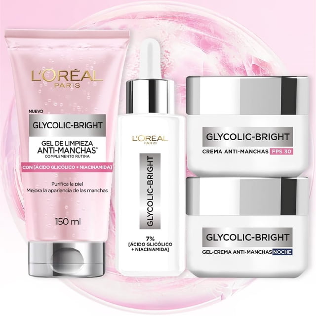 Kit Rutina Completa Glycolic Bright Gel limpiador, Crema día, Crema Noche y Serum, Anti-Manchas con Ácido Glicólico y Niacinamida