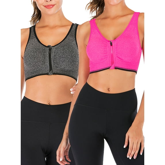 YouLoveIt 2 pcs Women's Front Zipper Sports Bra Casual Crop Tops Racerback Sports Bras for Women Seamless Zipfront Padded Cups Sports Bra