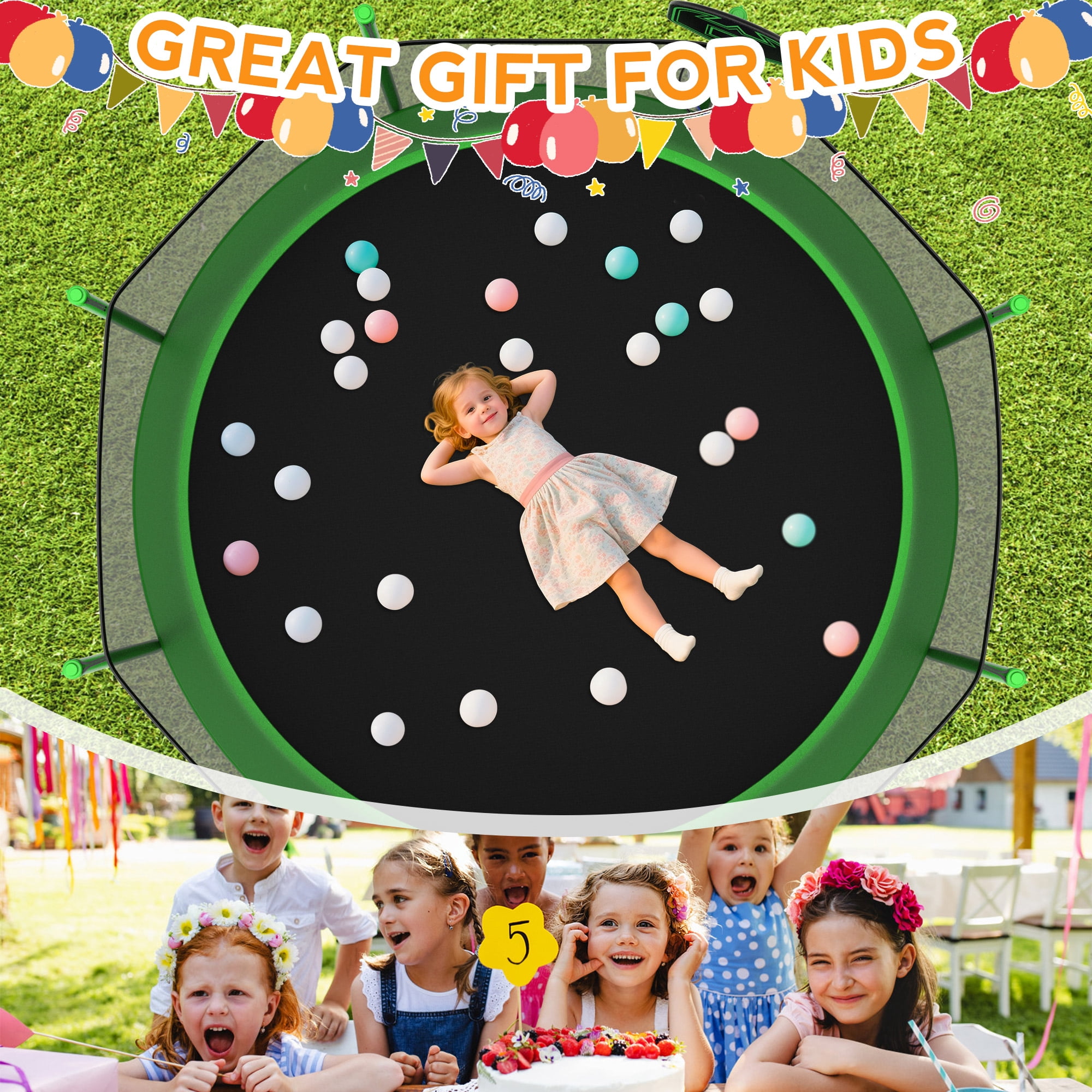 KOFUN 1200LBS 12FT Trampoline for Kids and Adults Outdoor Backyard Trampoline with Safety Enclosure Net, Basketball Hoop, 4 Anchor Kits, Ladder, A Ball, Green
