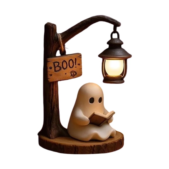 Halloween Ghost Table Lamp Cute Reading Ghost Figurine Night Light for Home Bedroom Office Party Decoration Gift