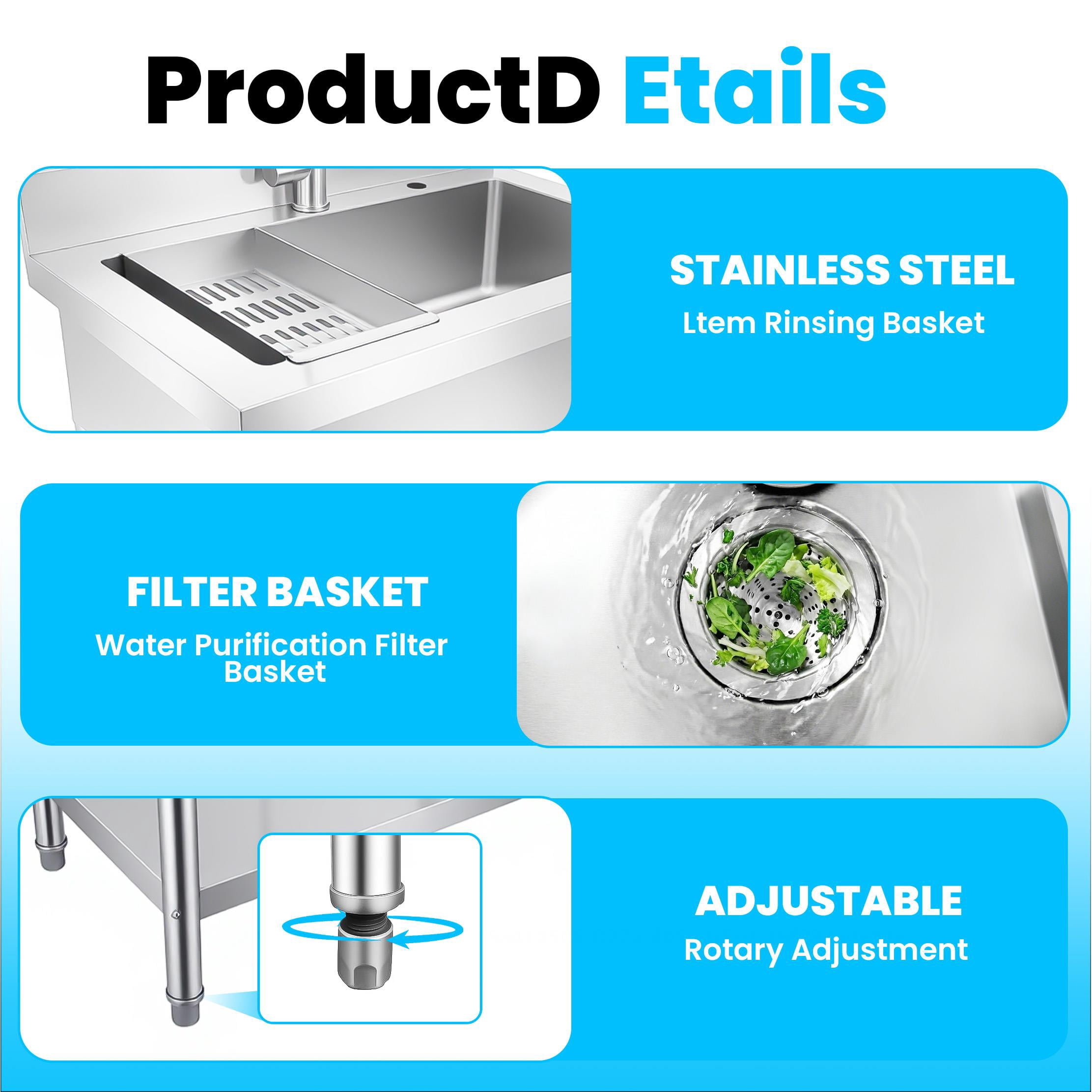 Stainless Steel Outdoor Freestanding Kitchen Sink with Cold and Hot Water Pipe and pull-out Faucet, Commercial Utility Sink, Free Standing Sink for Garden