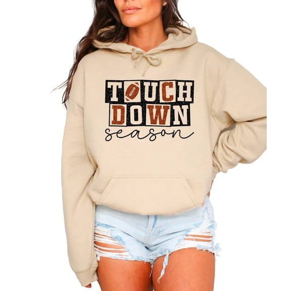Touchdown Season Football Hoodie for Women and Teens Glitter Game Day, Sand Hoodie, M