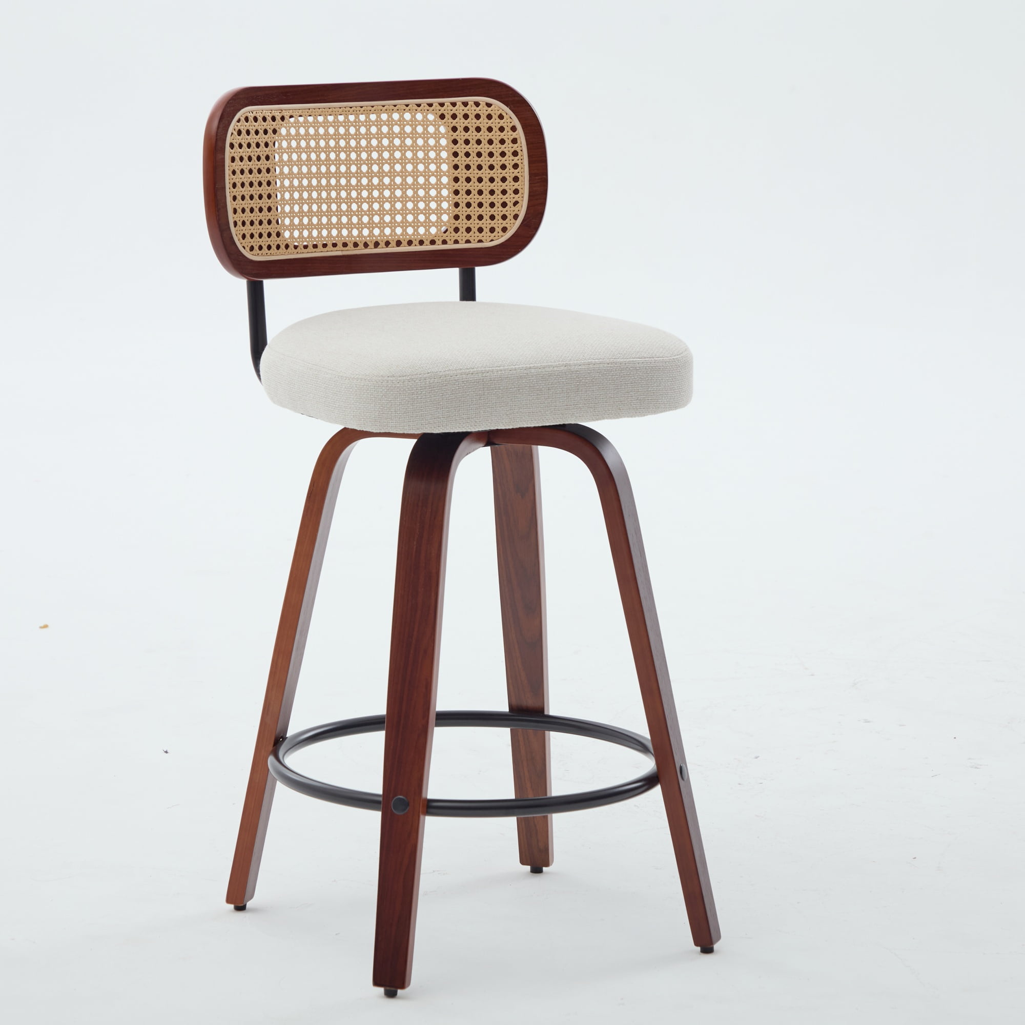 Oufan Swivel Bar Stools Set of 3, Wooden Counter Height Bar Chairs w/ Upholstered Seat & Rattan Backrest, Farmhouse Barstool for Kitchen Island,Cafe