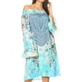 thumbnail image 1 of Sakkas Riza Women's Off Shoulder Long Sleeve Tunic Shirt Short Dress with Print - FTU294-Turq - One Size Regular, 1 of 5